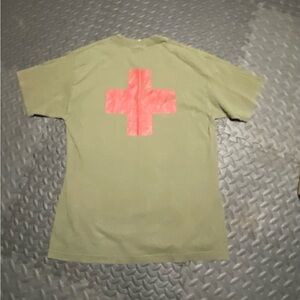Casual Olive Green Tee with Red Cross Design